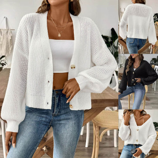 2024 New Cross-border European and American Women's Woven Sweater Autumn and Winter Women's Simple Short Button Coat Sweater Cardigan