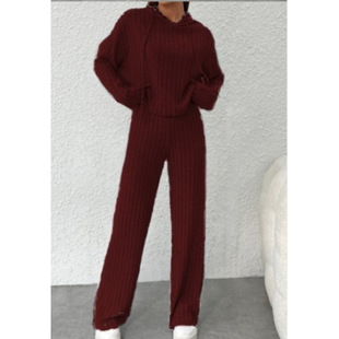 Spring and Autumn New Casual Knitted Striped Cross-border European and American Foreign Trade Hooded Sweater Loose Long Sleeve Trousers suit