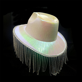 Cross-border Western Diamond Tassel Fantasy Cowboy Hat Carnival Party Colorful Tassel Hat Brim Holographic Fluorescent Cowboy Hat