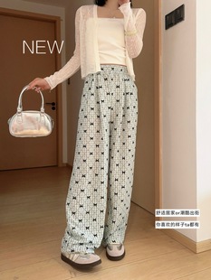 Korean Printed Butterfly Plaid Pants Women's Wipe Wide Leg Pants Summer Thin Lazy Style High Waist Straight Casual Pants