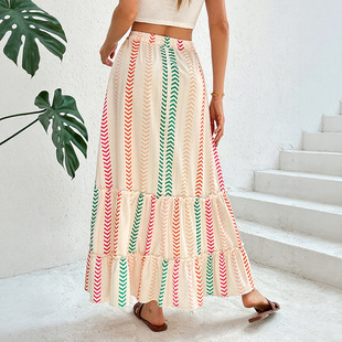 Cross-border foreign trade 2025 summer new long skirt European and American contrast color printed skirt elastic bohemian stitching skirt