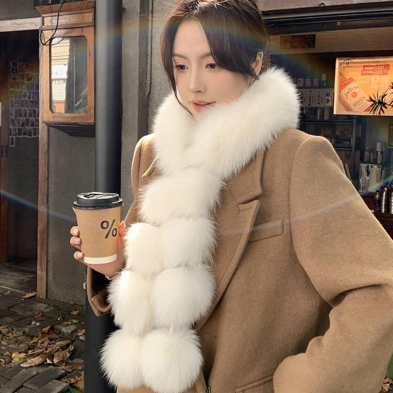 New Magnetic Faux Fox Fur Versatile Scarf for Women, Autumn and Winter Korean Style Light Luxury Shawl with Plush Pom-Poms, Elegant and Cute Neck Warmer