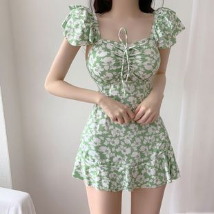 Source Factory Ins Style Vintage Floral Drawstring Flying Sleeve High Waist Belly Covering Skirt-style boxer swimsuit for Women