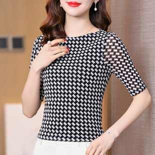 2022 spring new style off-neck fashion slim fit all-match houndstooth half sleeve mesh bottoming shirt slim fit slimming T-shirt