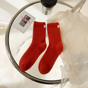 Autumn and Winter thick plush socks women's mid-calf mink socks solid color heel label Japanese net infrared wear warm socks