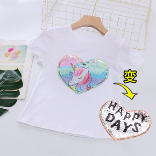 Girls short sleeve T-shirt 2025 children's clothing summer new T-shirt girls color sequin jacket manufacturers a generation of hair