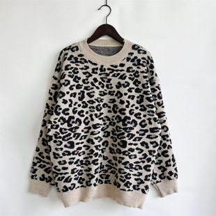 2023 cross-border Amazon autumn and winter New Top casual pullover sweater round neck long sleeve bottoming leopard print sweater