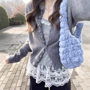 Korean Style Retro Grey Knitted Cardigan Women's Spring and Autumn New Design Sense Top Western Style Unique Chic Sweater Coat