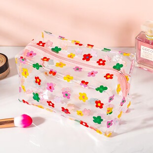 Korean Ins Flower Transparent Waterproof Cosmetic Bag Convenient Large Capacity Girl Storage Travel Toiletry Bag