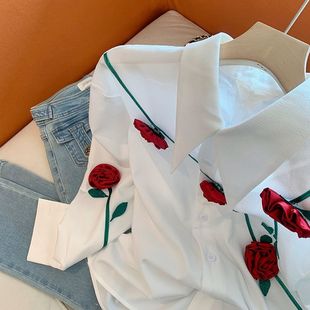 Design Sense Niche Three-dimensional Rose White Shirt Women's Autumn Korean Fashionable Thin Loose Chic Top Trendy