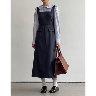 [Song Ming] Korean Ernie Autumn New Fake Two Striped Shirt Stitching Strap dress Women Y4585F
