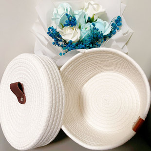 Nordic Cotton Large White Storage Basket with Lid Desktop Storage 2024 New Home Snacks Remote Control Cosmetics