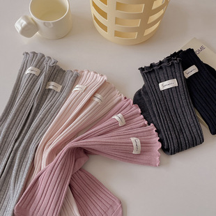 Autumn and Winter new wooden ear pile socks cloth logo cute vertical stockings solid color double needle mid-calf length socks with Mary Jane shoes
