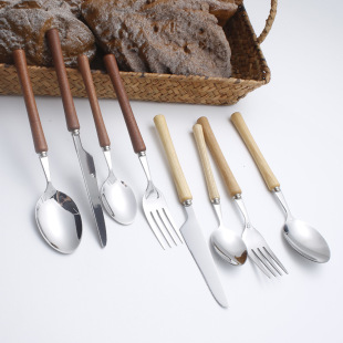 New vintage knife and fork two-piece 304 stainless steel wooden handle steak knife, fork and spoon three-piece fork western-style tableware