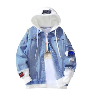 2022 Spring and Autumn New Men's Denim Jacket Fake Two-piece Korean Fashionable Casual All-match Ripped Jacket Men's Wear
