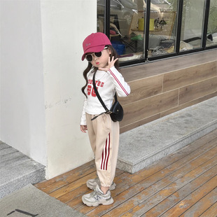 Girls' Korean-style Top 2025 Spring and Autumn New Small and Medium-sized Children's Baby Pull-out Letter T-shirt Girls' Color-matching Sweatpants Set