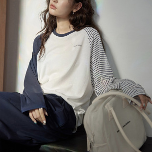 1313 Design Sense Blue and White Color Matching Striped Long-sleeved T-shirt 2024 Women's Autumn Casual Loose Embroidered Letter Top