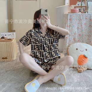 Wholesale artificial silk pajamas women's shorts short sleeve 2024 New Summer popular Ice Silk home wear suit
