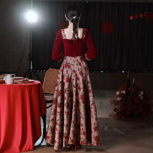 Long Sleeve Toast Dress Bride 2023 New Arrival Engagement Wine Red Evening Dress Escape Princess Rose Dress Spring