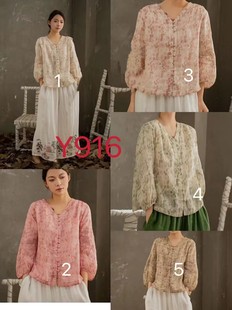Spring 2025 New Arrival Short Ramie V-Neck Shirt Cardigan Casual Top Artistic Retro Printed Small Shirt for Women