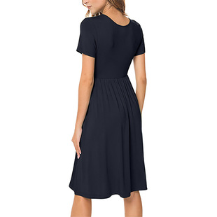 Amazon spot summer waist short sleeve casual dress Europe and the United States new pleated loose swing A- line dress women's clothing