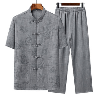 Main Push New Cotton and Linen Tang Dress Men's Chinese Short-sleeved Middle-aged Dad suit Old Grandpa high quality Clothes