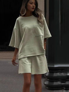 2024 Cross-border European and American Casual Women Summer suit Solid Color Round Neck Short-sleeved suit Sports Shorts