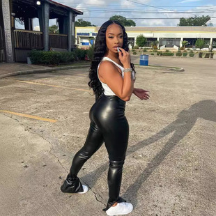 European and American Foreign Trade women's new PU leather pants Sexy Slim fit slightly split casual trousers for women 8379