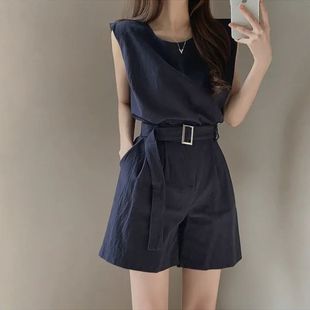 Summer French Retro Fashion Sleeveless Vest High Waist Wide Leg Shorts Two-piece Casual suit