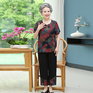 Grandma's Cotton Silk Suit Summer Wear Thin 60-year-old 80-year-old Mother's Clothes Summer Short-sleeved Artificial Cotton Middle-aged and Elderly Women's Clothing