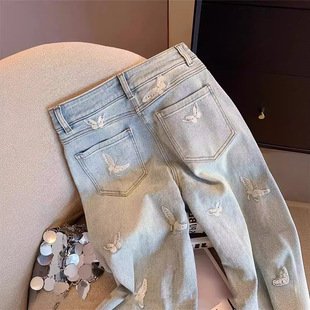 Vintage Washed Butterfly Embroidered Straight Jeans Women's 2024 Summer Design Sense High Waist Loose Slimming Casual Pants
