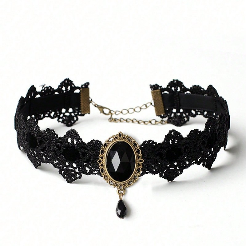 Cross-Border Lace Necklace Gothic Choker Collar Rhinestone Black Halloween Necklace Gift Amazon