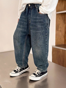 Boys' Autumn Wear Fleece-added Pants Jeans Spring and Autumn Children's 2024 New Mid-large Children's One-piece Fleece Pants Autumn and Winter