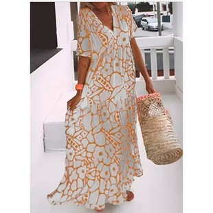 2023 Amazon AliExpress European and American women's clothing summer new printed short sleeve deep v-neck long dress women