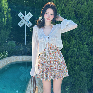 2024 New Sexy Slim-fit Small Chest Push-up Fashion Floral Long-sleeved Blouse One-piece Skirt Swimsuit Women's Two-piece Set