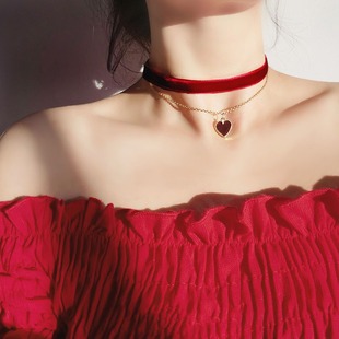 Amazon cross-border jewelry wine red black love neck chain female velvet choker clavicle chain necklace wholesale