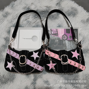 Cross-Border Niche Pink Belt Chain New Star Baguette Shoulder Bag Y2K Millennium Style Sexy Armpit Bag for Women