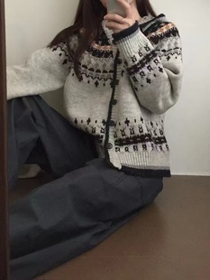 Korean Style Retro Jacquard Hooded Sweater Cardigan Women's 2024 Autumn and Winter New Artistic Design All-match Knitted Jacket