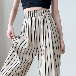 Lightweight Cotton Stripesd Ice Silk Wide-Leg Pants Summer Thin High-Waist Draped Sun Protection Casual Loose Straight Pants