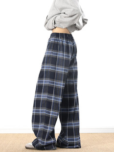 American Retro Blue Lazy Comfortable Sanding Plaid Pants Men's Fall/Winter Casual Pants cleanfit Mop Pants