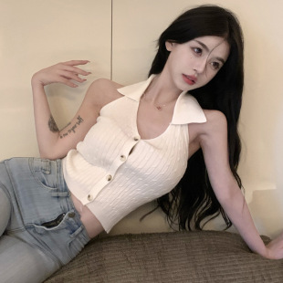 Поло воротник вязать жилет Женская дизайн Chic Slim-Fit Чистое плечо без рукавов короткий топ