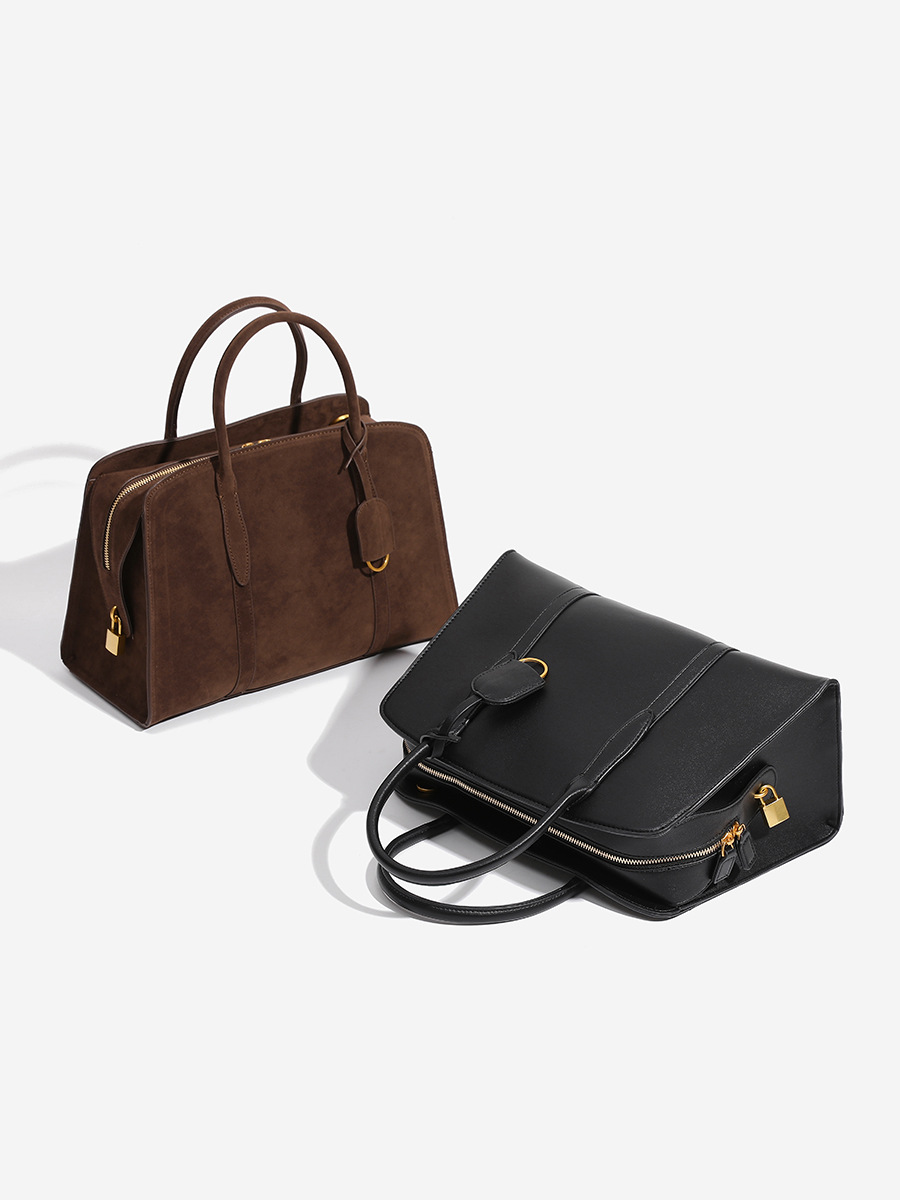 Vintage Suede Boston Bag Cattle Texted Tote Bag Computer Bag Large Capacity Commuter Hand Shoulder Crossbody Bag