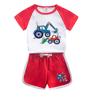 Excavator printed boys' summer suit 2023 new children's cotton short-sleeved shorts casual thin two-piece suit