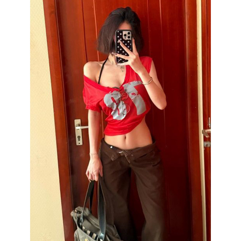 [Tencel Rib] American Retro Red V Neck Short-Sleeved T-Shirt for Women Summer Slim Sports Style Design Top