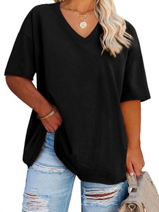 Cross-border 2024 Amazon Women's V-neck solid color loose short-sleeved T-shirt women's spring and summer new fashion pullover top