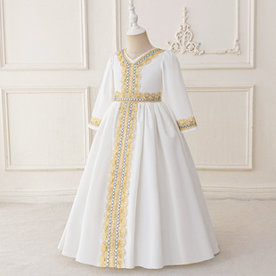 Middle Eastern Arabian Children's Robe Embroidered Belt Dress Cross-Border Girls Foreign Trade Dubai Girl Lace Dress