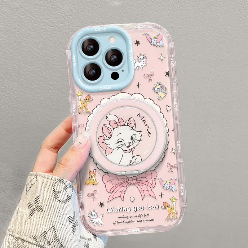 Mary Cat Magnetic Stand for Apple iPhone 16 Pro Max Phone Case, Cute Cartoon, Full Coverage, Drop Protection, 14 for Women