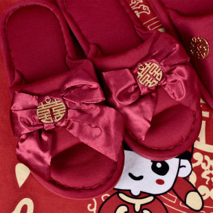 Spot bow slippers wedding supplies open wedding slippers home festive supplies wedding red slippers manufacturers