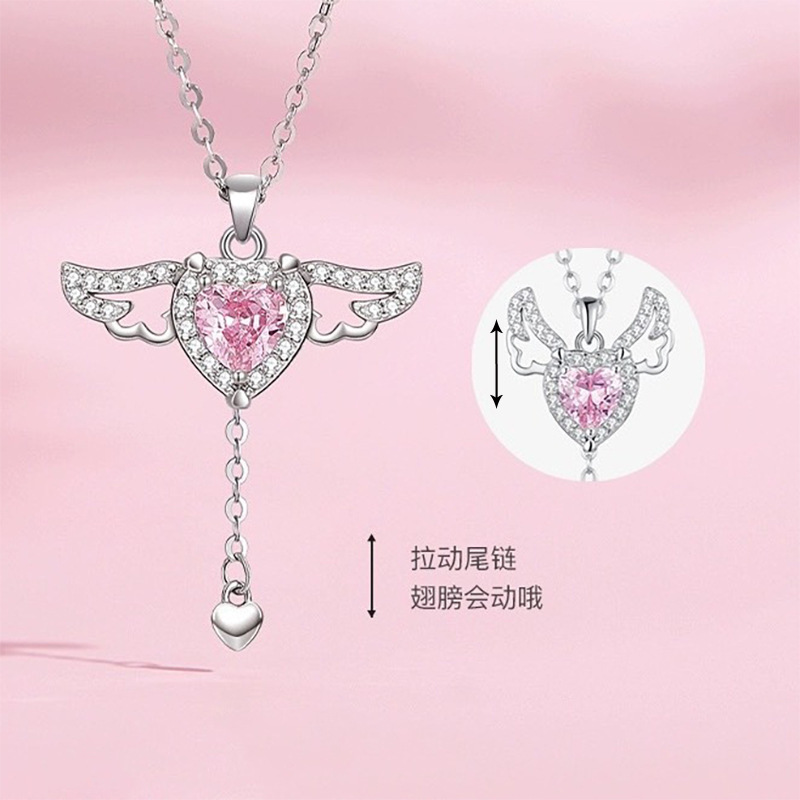 European and American Popular Titanium Steel Heart-Shaped Zircon Necklace for Women, Featuring a Dynamic Winged Cupid Heart That Can Move, Clavicle Chain
