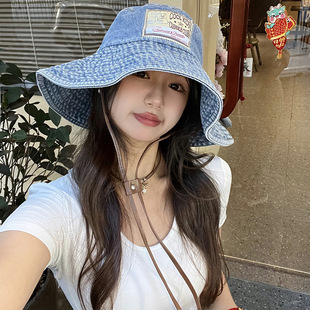 Korean Style Sticker Denim Fisherman Hat Women's Vintage Washed Large Brim Basin Hat for Shining Face Small Sunshade Sunscreen Hat for Spring and Autumn